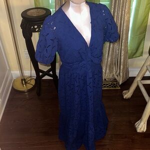 Kensie dresses: Blue Eyelet V-Neck Midi Dress